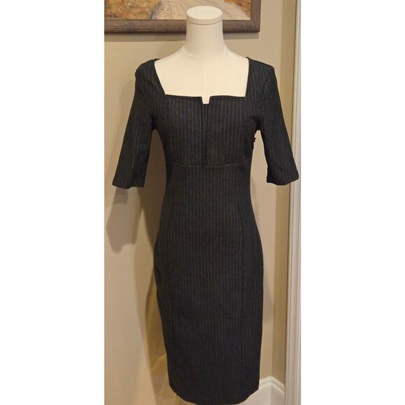 Betabrand Gray White Pinstripe Executive Pencil Dress Fitted 3/4 Sleeve Medium - Picture 2 of 9